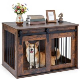 31.5" Dog Crate Furniture With Sliding Barn Door, Wooden Dog Kennel End Table For Indoor Use - Rustic Brown (Option: Defaulttitle)